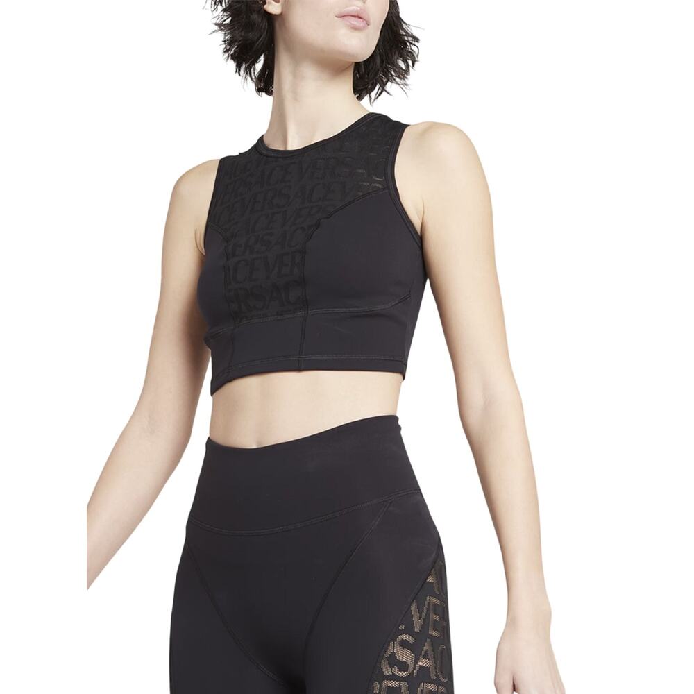 Versace Monogram Mesh Panel Sleeveless Crop Tank Top Black Women's Size XS
